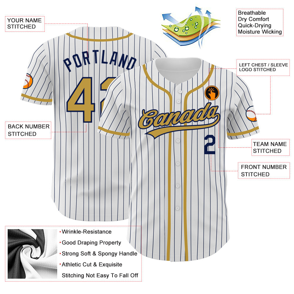 Custom White Navy Pinstripe Old Gold Authentic Baseball Jersey view 3