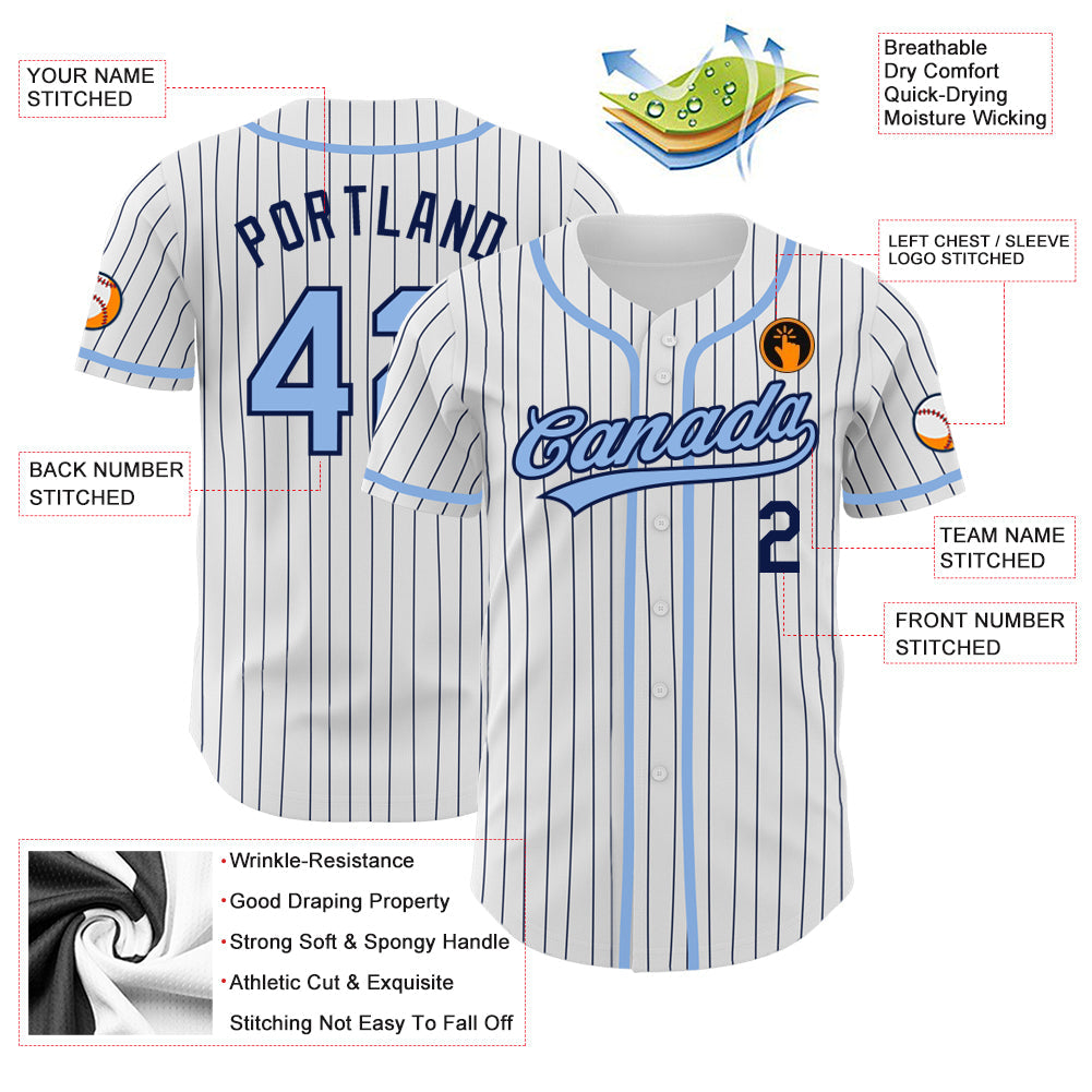 Custom White Navy Pinstripe Light Blue Authentic Baseball Jersey view 3