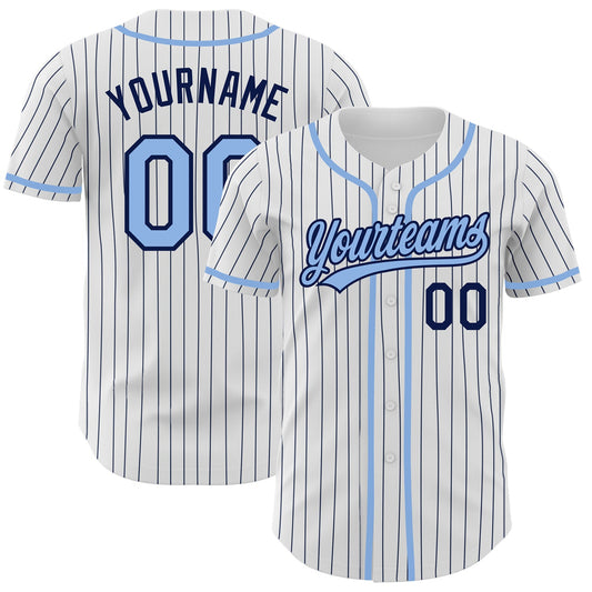 Custom White Navy Pinstripe Light Blue Authentic Baseball Jersey - Main View