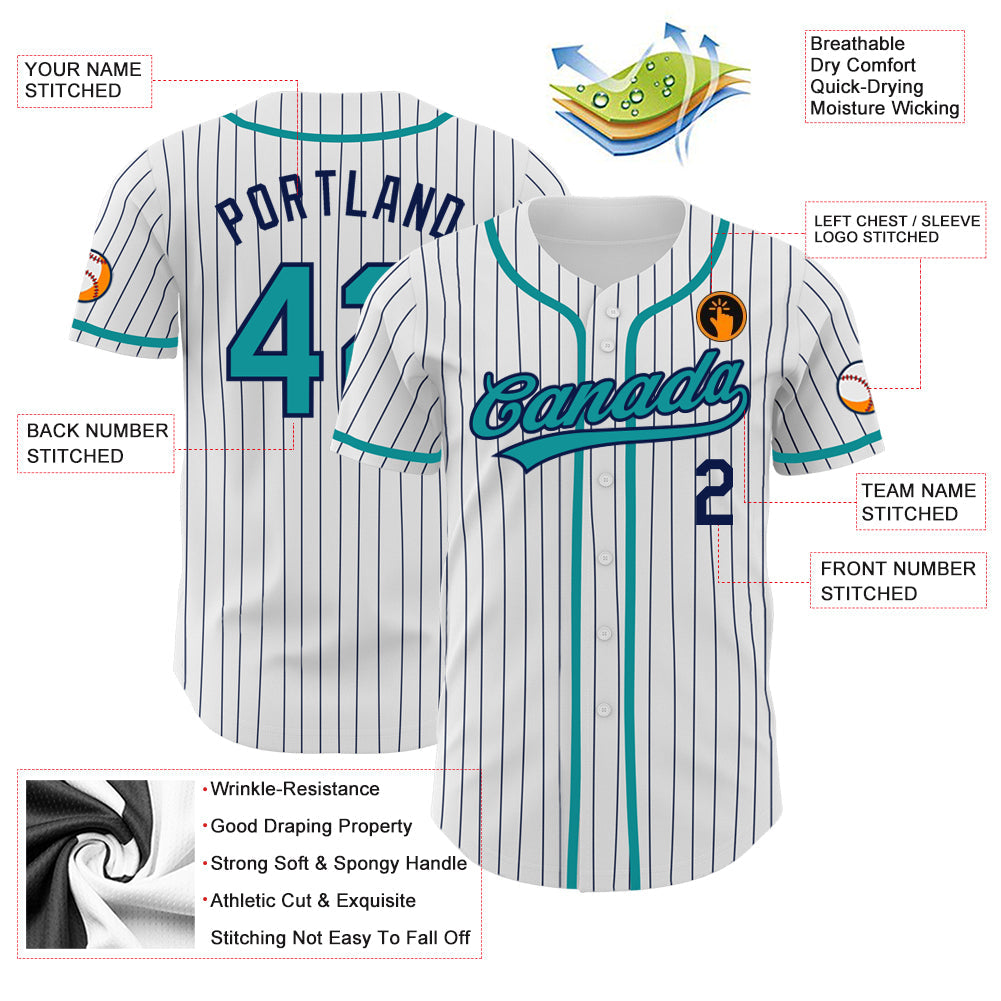 Custom White Navy Pinstripe Teal Authentic Baseball Jersey view 3