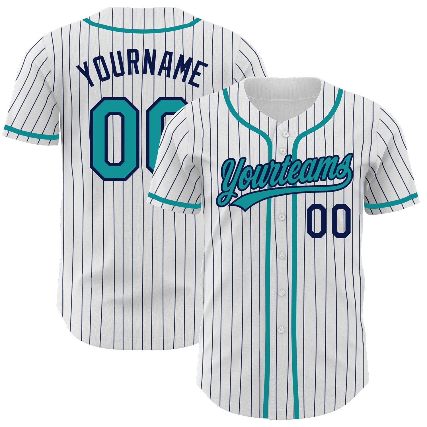 Custom White Navy Pinstripe Teal Authentic Baseball Jersey - Main View