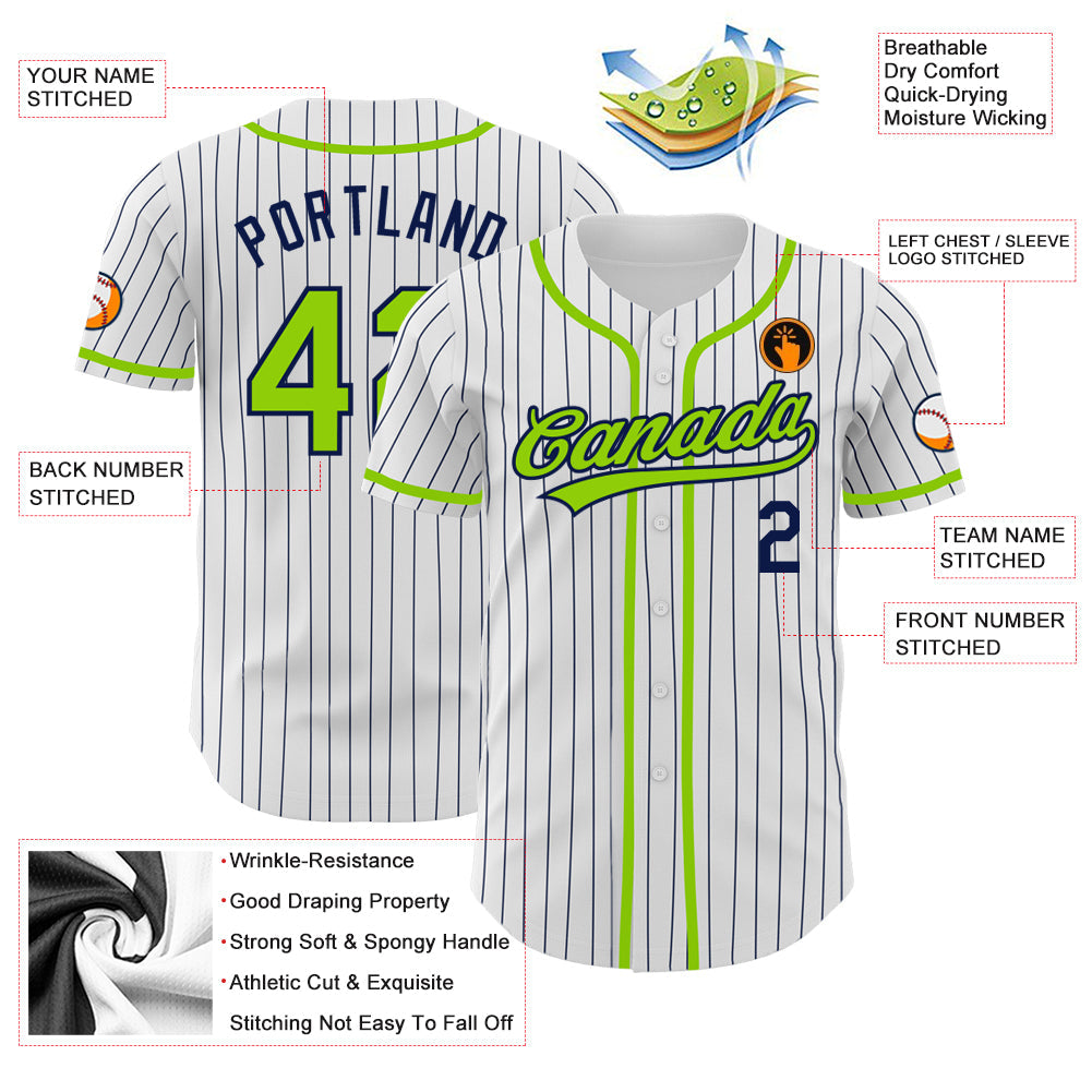 Custom White Navy Pinstripe Neon Green Authentic Baseball Jersey view 3