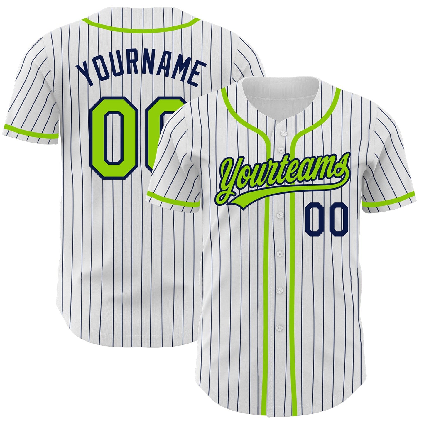 Custom White Navy Pinstripe Neon Green Authentic Baseball Jersey - Main View