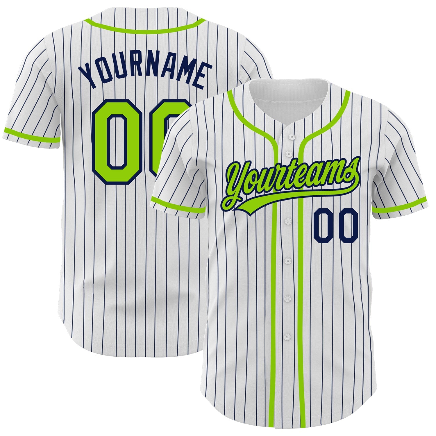Custom White Navy Pinstripe Neon Green Authentic Baseball Jersey - Main View