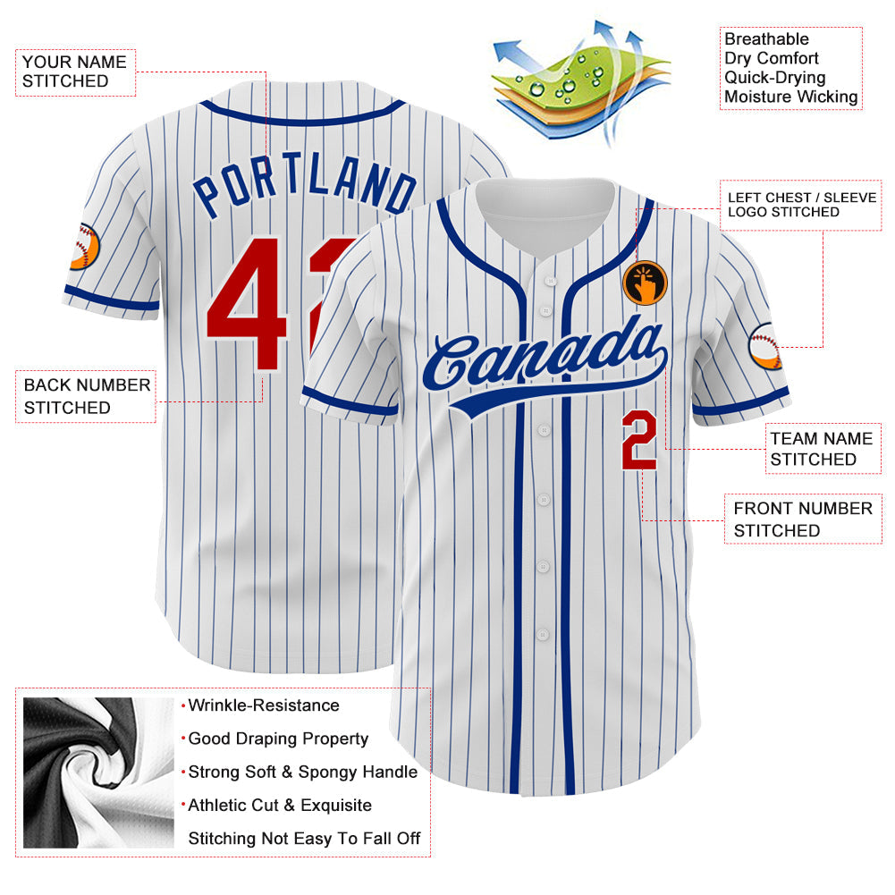 Custom White Royal Pinstripe Red Authentic Baseball Jersey view 3
