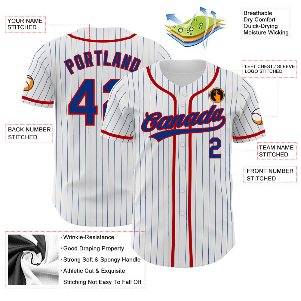Custom White Royal Pinstripe Royal-Red Authentic Baseball Jersey view 3