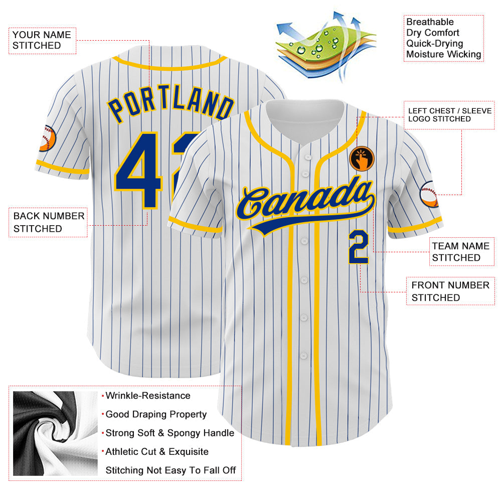 Custom White Royal Pinstripe Royal-Yellow Authentic Baseball Jersey view 3