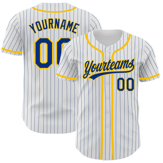 Custom White Royal Pinstripe Royal-Yellow Authentic Baseball Jersey - Main View