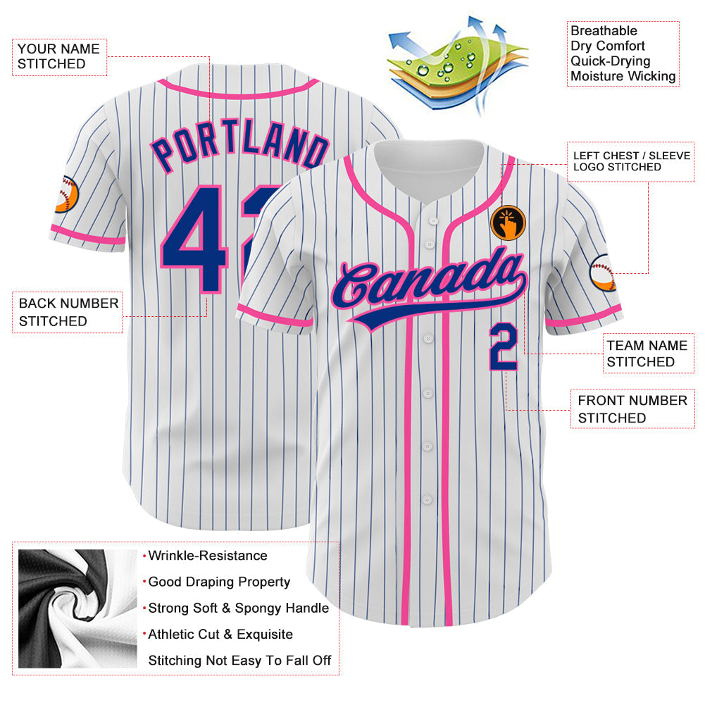 Custom White Royal Pinstripe Royal-Pink Authentic Baseball Jersey view 3