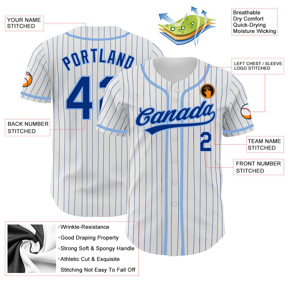 Custom White Royal Pinstripe Royal-Light Blue Authentic Baseball Jersey view 3