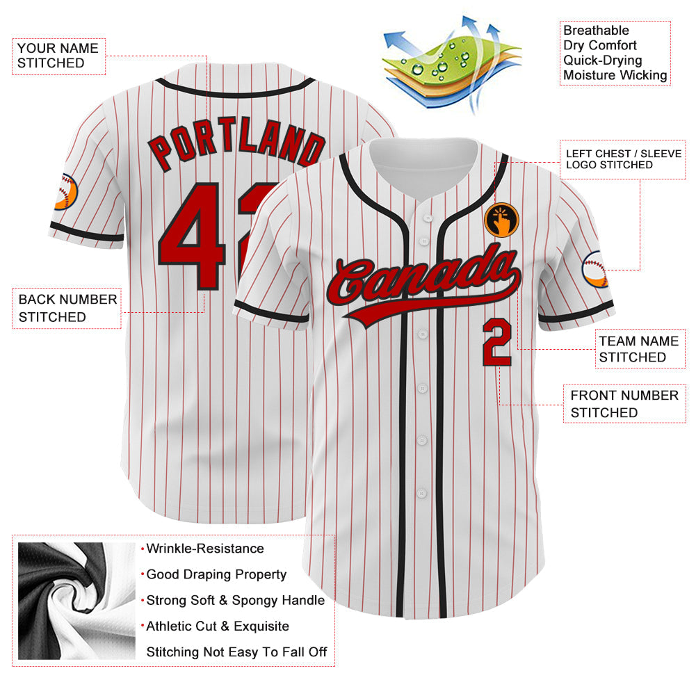 Custom White Red Pinstripe Red-Black Authentic Baseball Jersey view 3