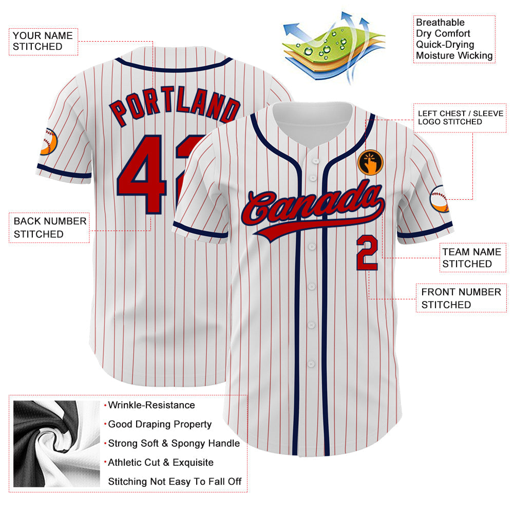 Custom White Red Pinstripe Red-Navy Authentic Baseball Jersey view 3