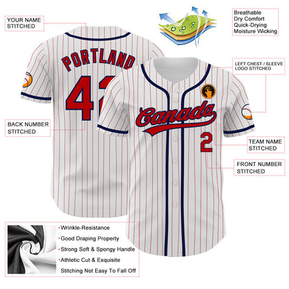Custom White Red Pinstripe Red-Navy Authentic Baseball Jersey view 3