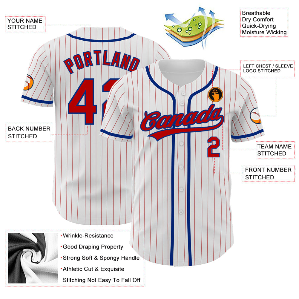 Custom White Red Pinstripe Red-Royal Authentic Baseball Jersey view 3