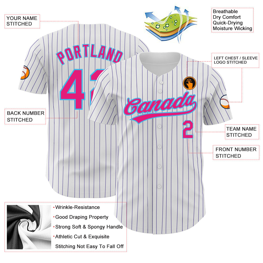 Custom White Purple Pinstripe Hot Pink-Sky Blue Authentic Baseball Jersey view 3