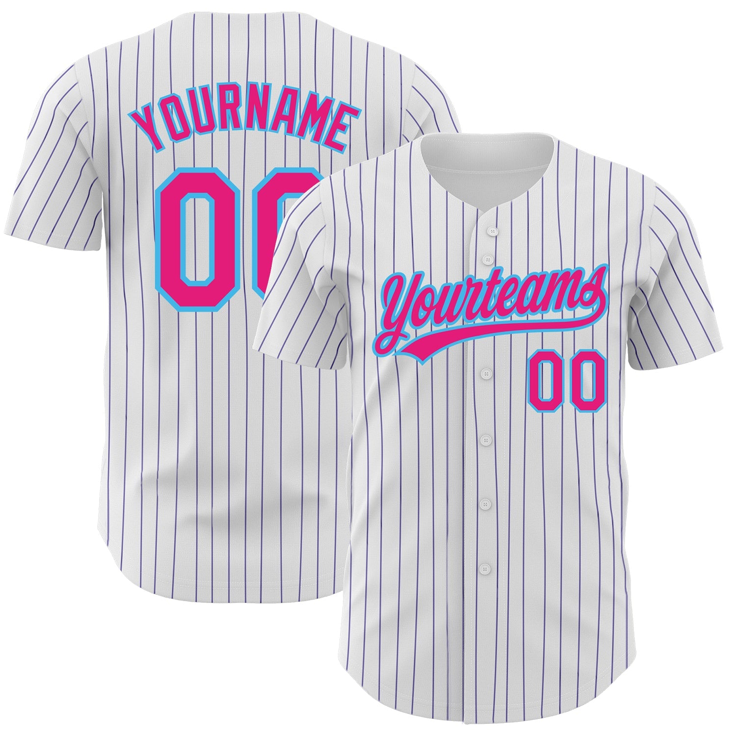 Custom White Purple Pinstripe Hot Pink-Sky Blue Authentic Baseball Jersey - Main View