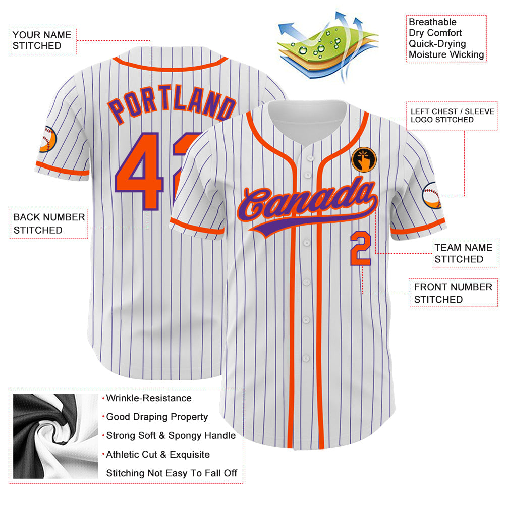Custom White Purple Pinstripe Orange Authentic Baseball Jersey view 3