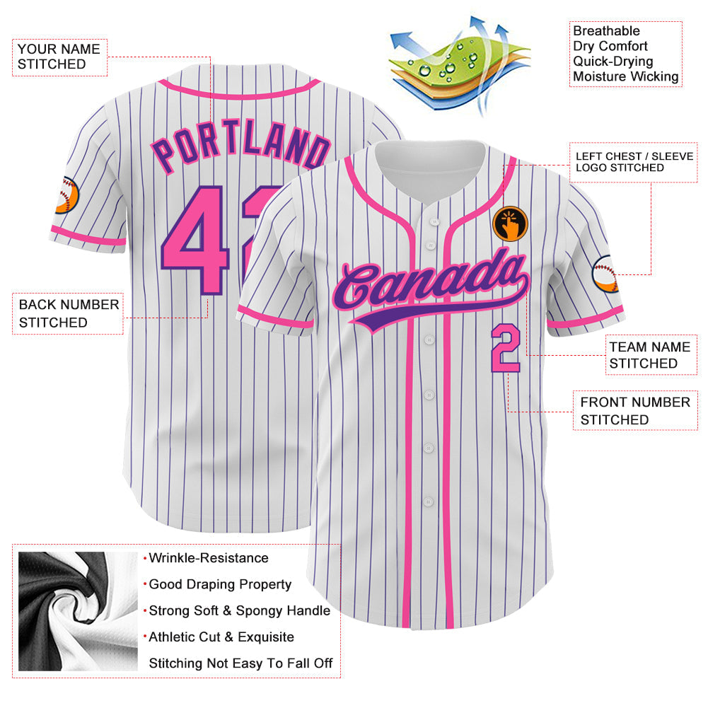 Custom White Purple Pinstripe Pink Authentic Baseball Jersey view 3