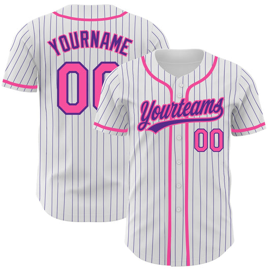 Custom White Purple Pinstripe Pink Authentic Baseball Jersey - Main View