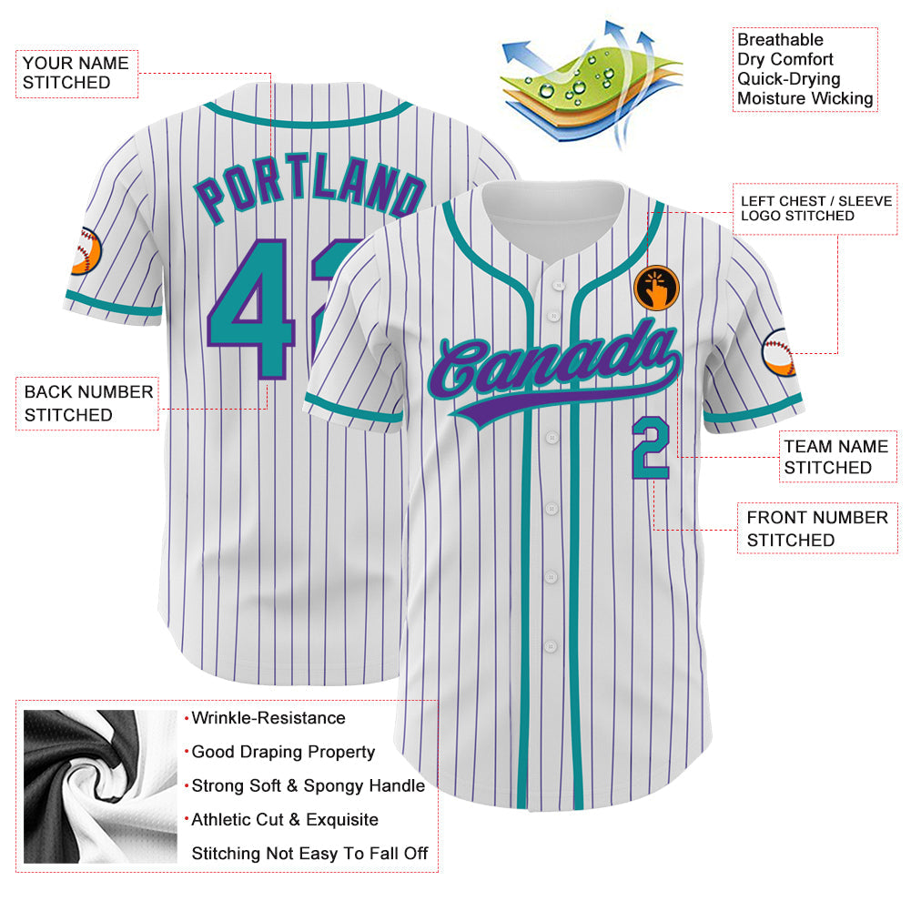 Custom White Purple Pinstripe Teal Authentic Baseball Jersey view 3