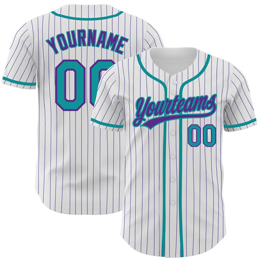 Custom White Purple Pinstripe Teal Authentic Baseball Jersey - Main View