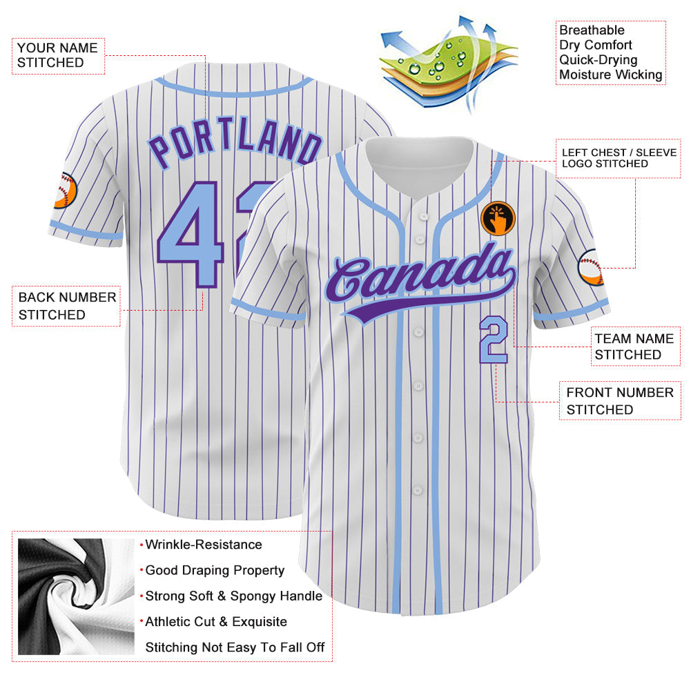 Custom White Purple Pinstripe Light Blue Authentic Baseball Jersey view 3