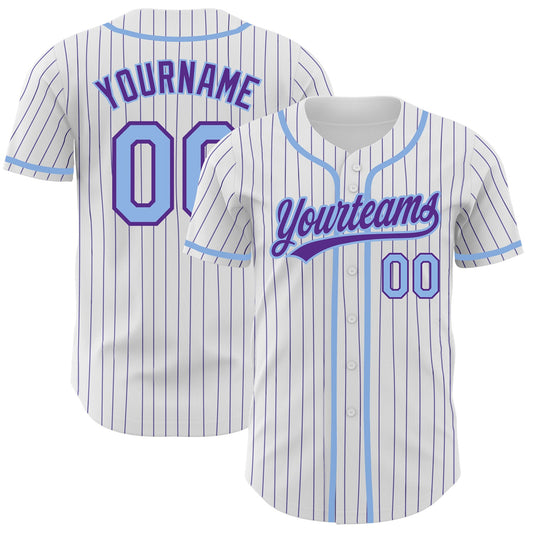 Custom White Purple Pinstripe Light Blue Authentic Baseball Jersey - Main View