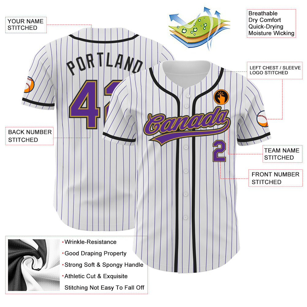 Custom White Purple Pinstripe Purple Old Gold-Black Authentic Baseball Jersey view 3