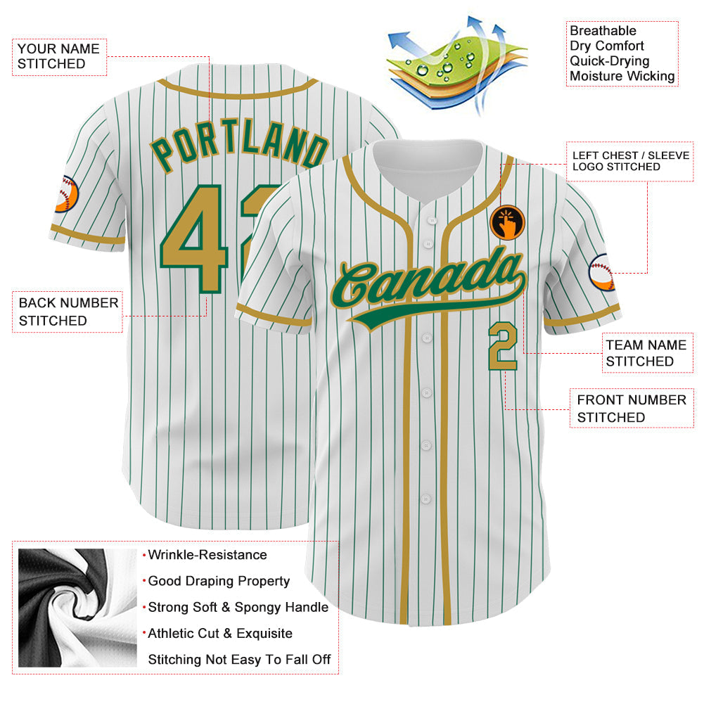 Custom White Kelly Green Pinstripe Old Gold Authentic Baseball Jersey view 3