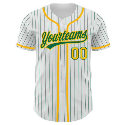 Custom White Kelly Green Pinstripe Gold Authentic Baseball Jersey view 2