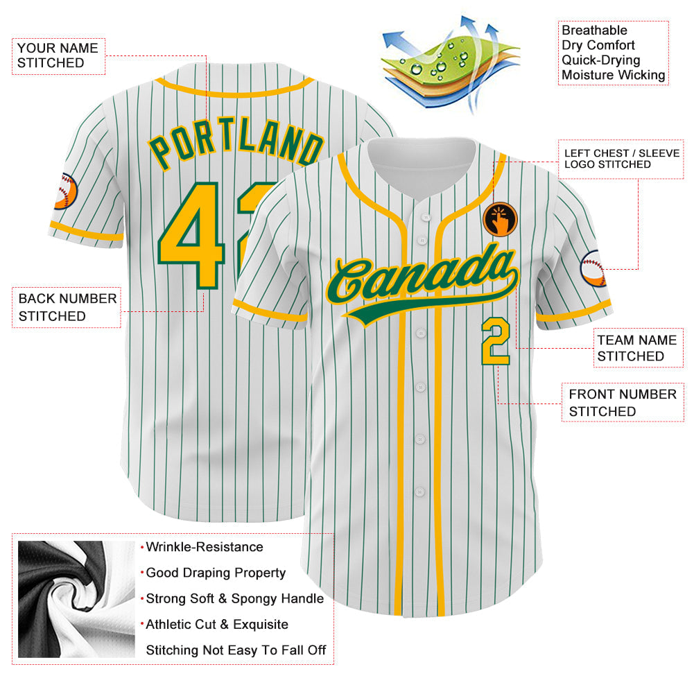 Custom White Kelly Green Pinstripe Gold Authentic Baseball Jersey view 3