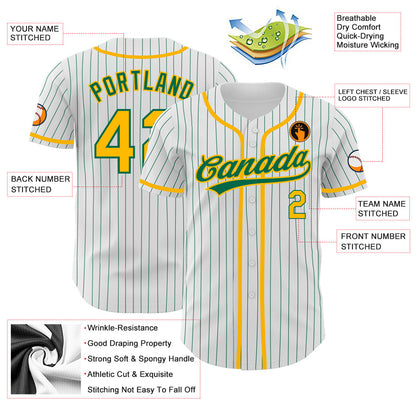 Custom White Kelly Green Pinstripe Gold Authentic Baseball Jersey view 3