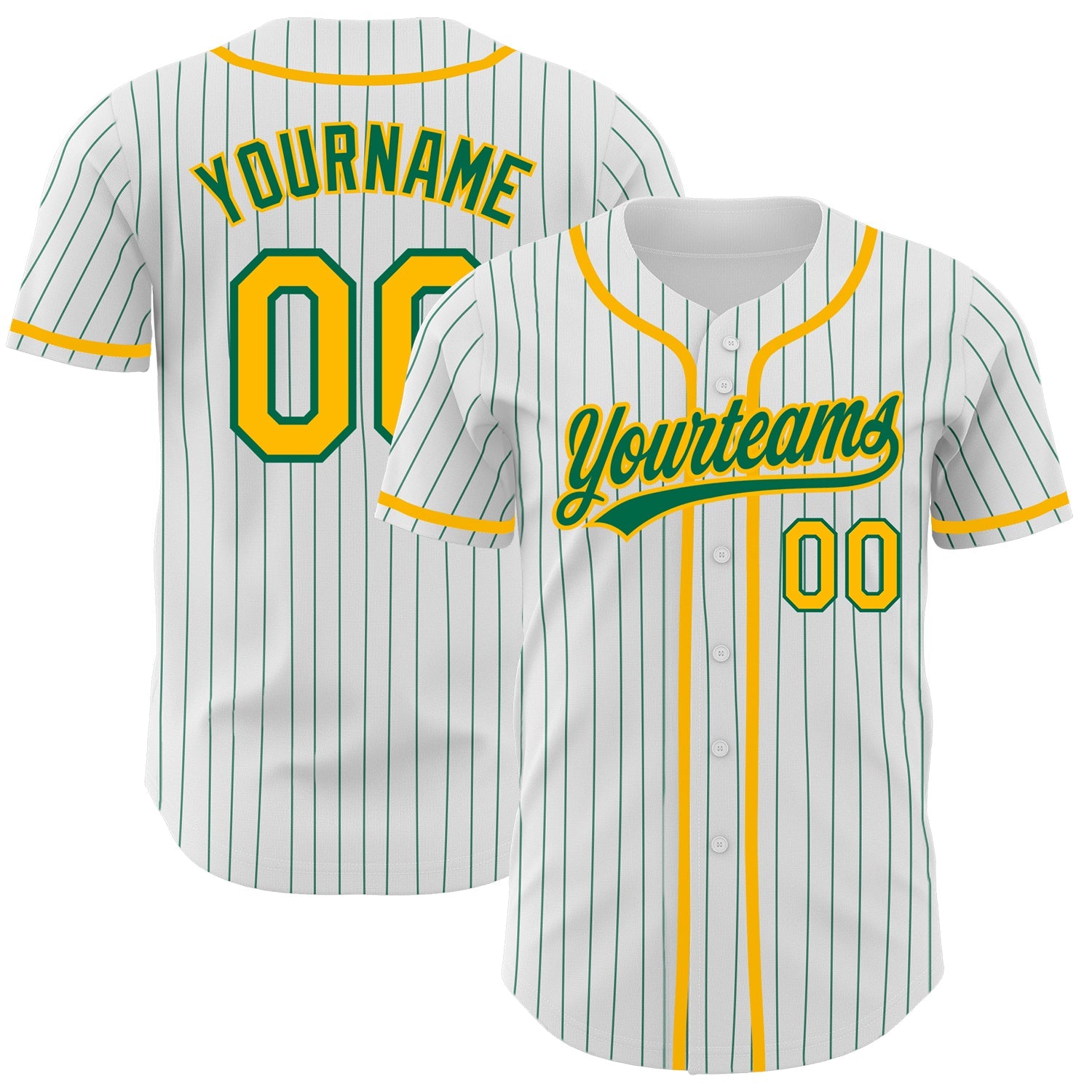 Custom White Kelly Green Pinstripe Gold Authentic Baseball Jersey - Main View