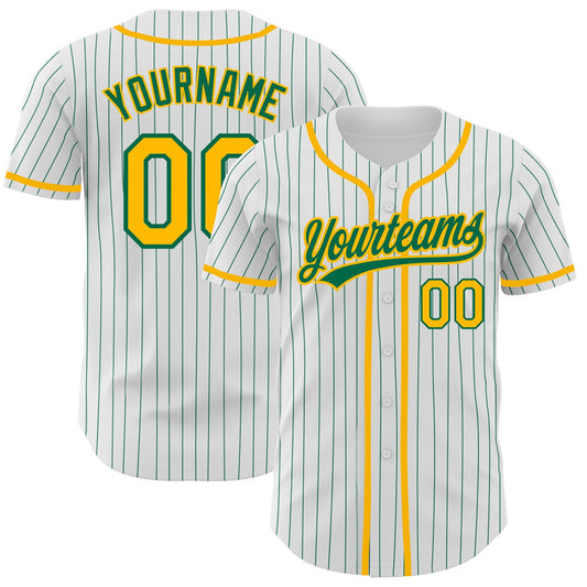 Custom White Kelly Green Pinstripe Gold Authentic Baseball Jersey - Main View