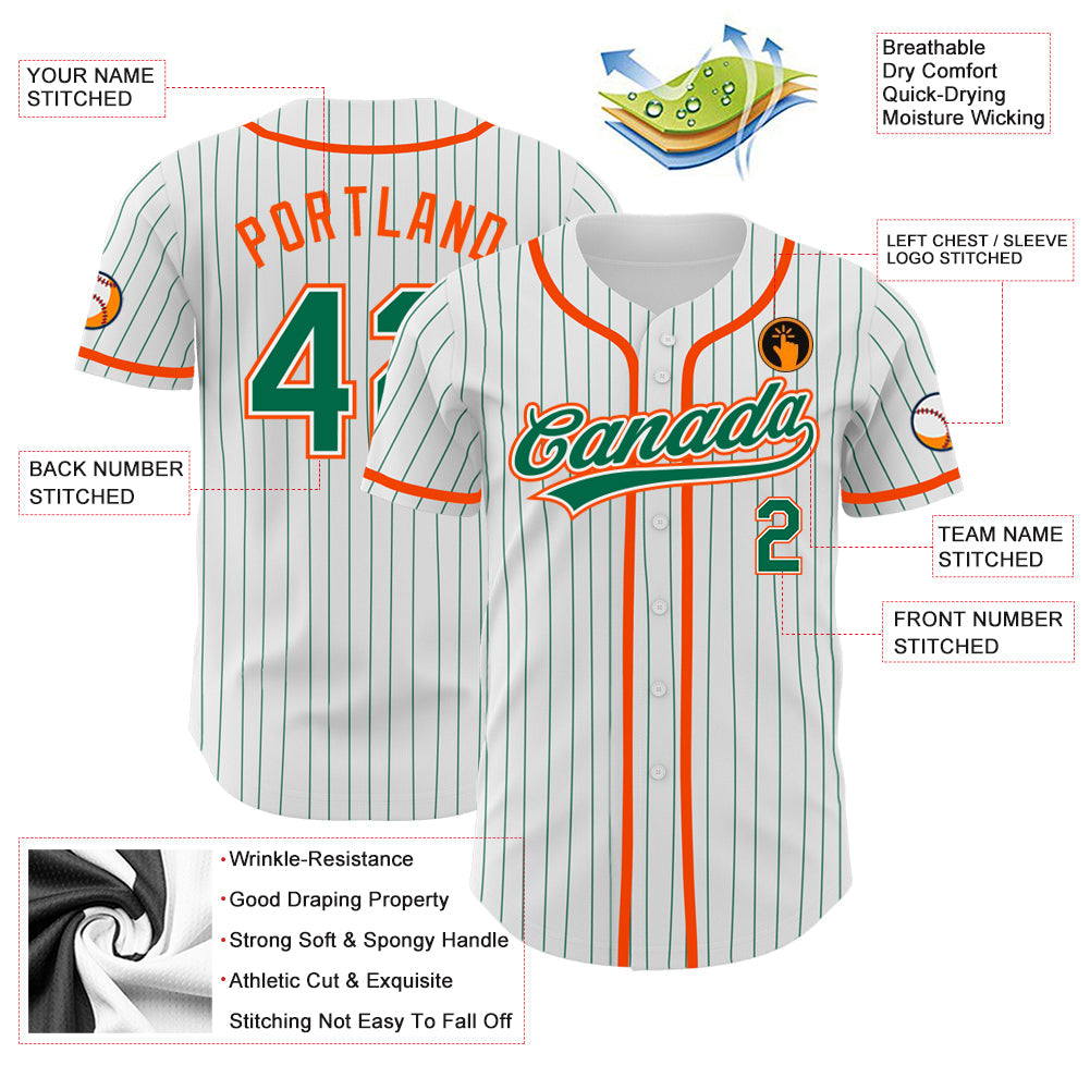 Custom White Kelly Green Pinstripe Kelly Green-Orange Authentic Baseball Jersey view 3