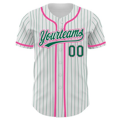 Custom White Kelly Green Pinstripe Kelly Green-Pink Authentic Baseball Jersey view 2