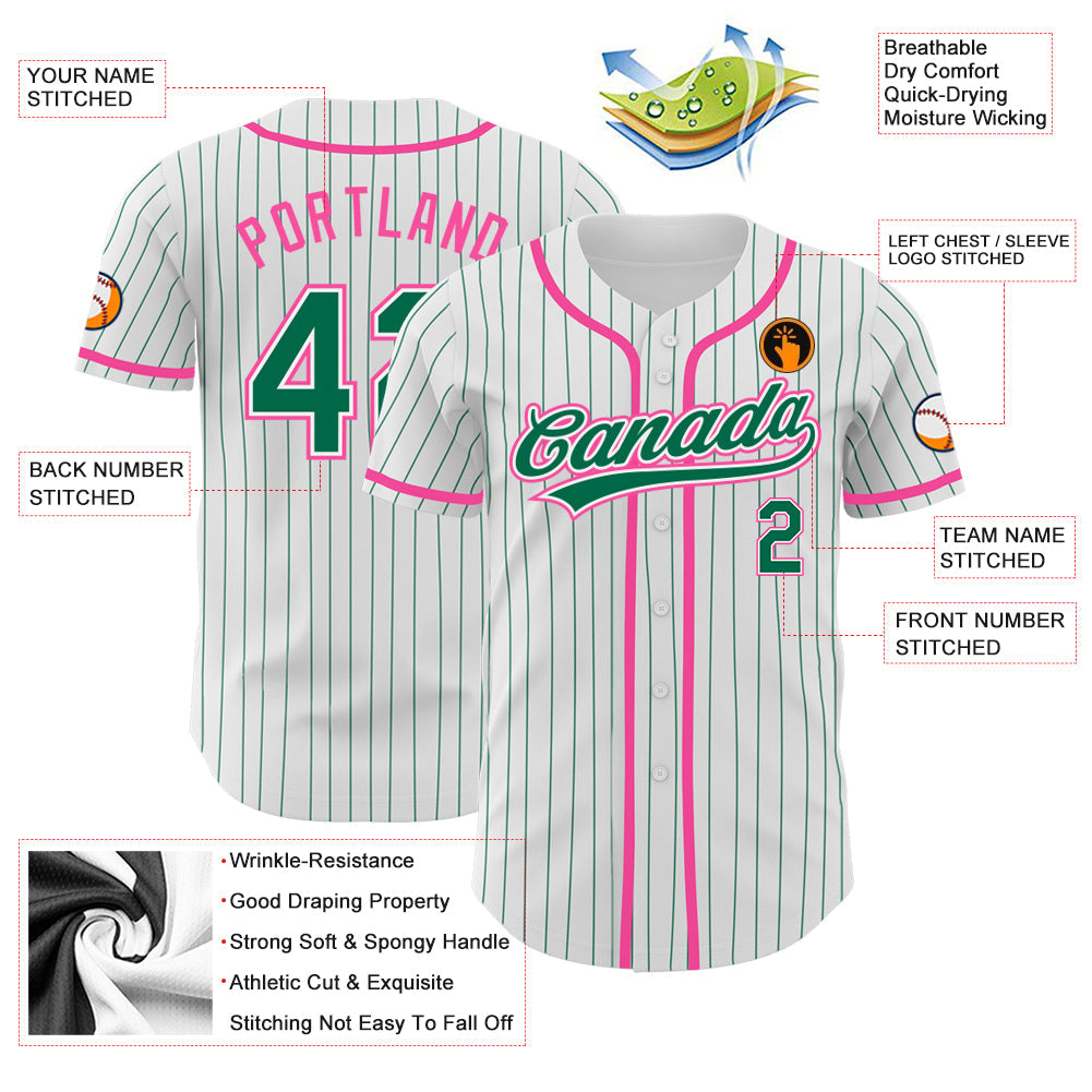 Custom White Kelly Green Pinstripe Kelly Green-Pink Authentic Baseball Jersey view 3