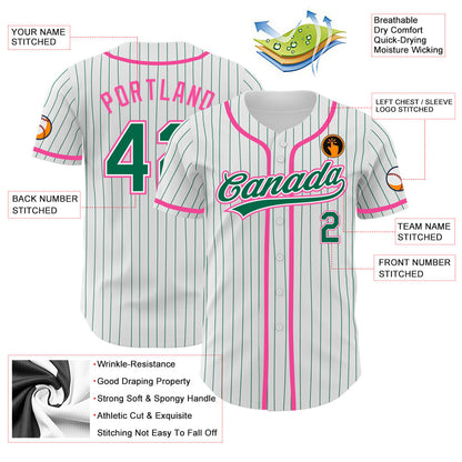 Custom White Kelly Green Pinstripe Kelly Green-Pink Authentic Baseball Jersey view 3