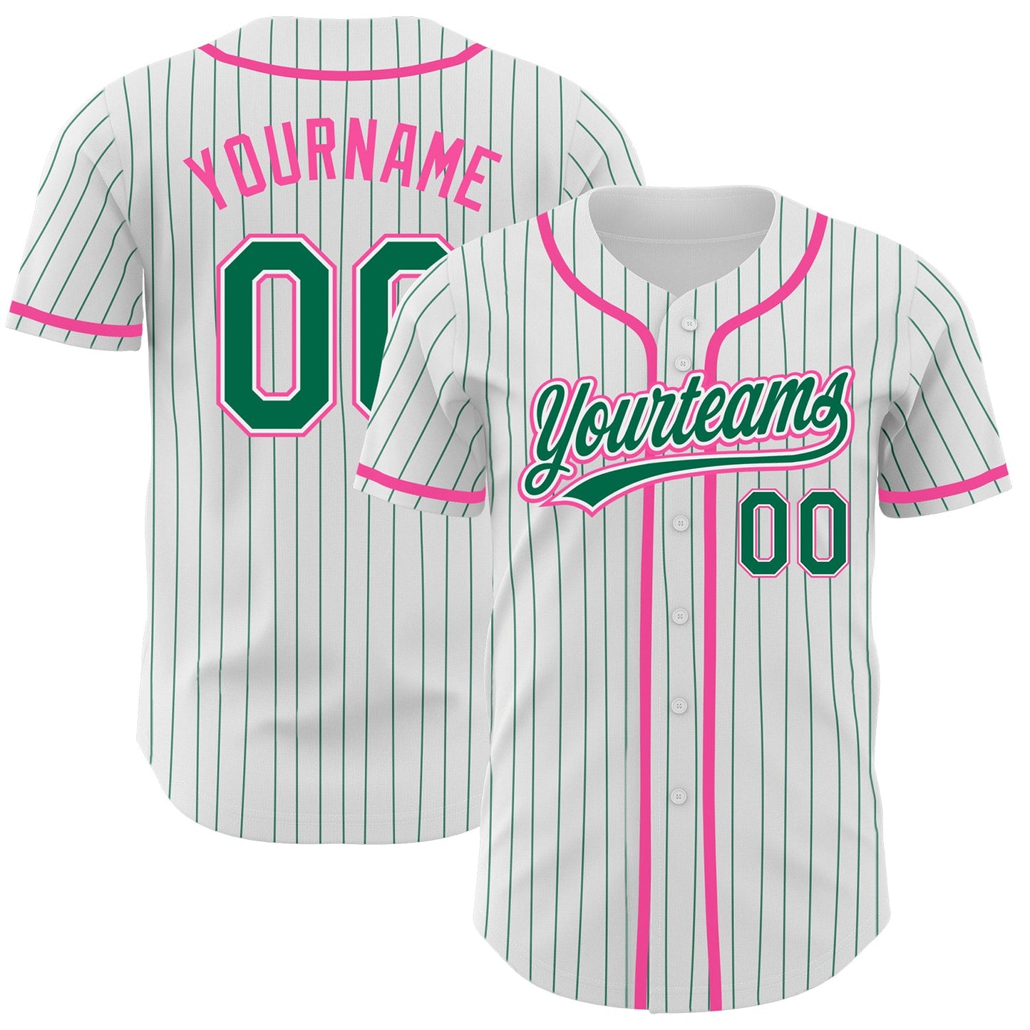 Custom White Kelly Green Pinstripe Kelly Green-Pink Authentic Baseball Jersey - Main View
