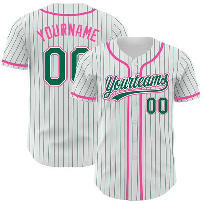 Custom White Kelly Green Pinstripe Kelly Green-Pink Authentic Baseball Jersey - Main View