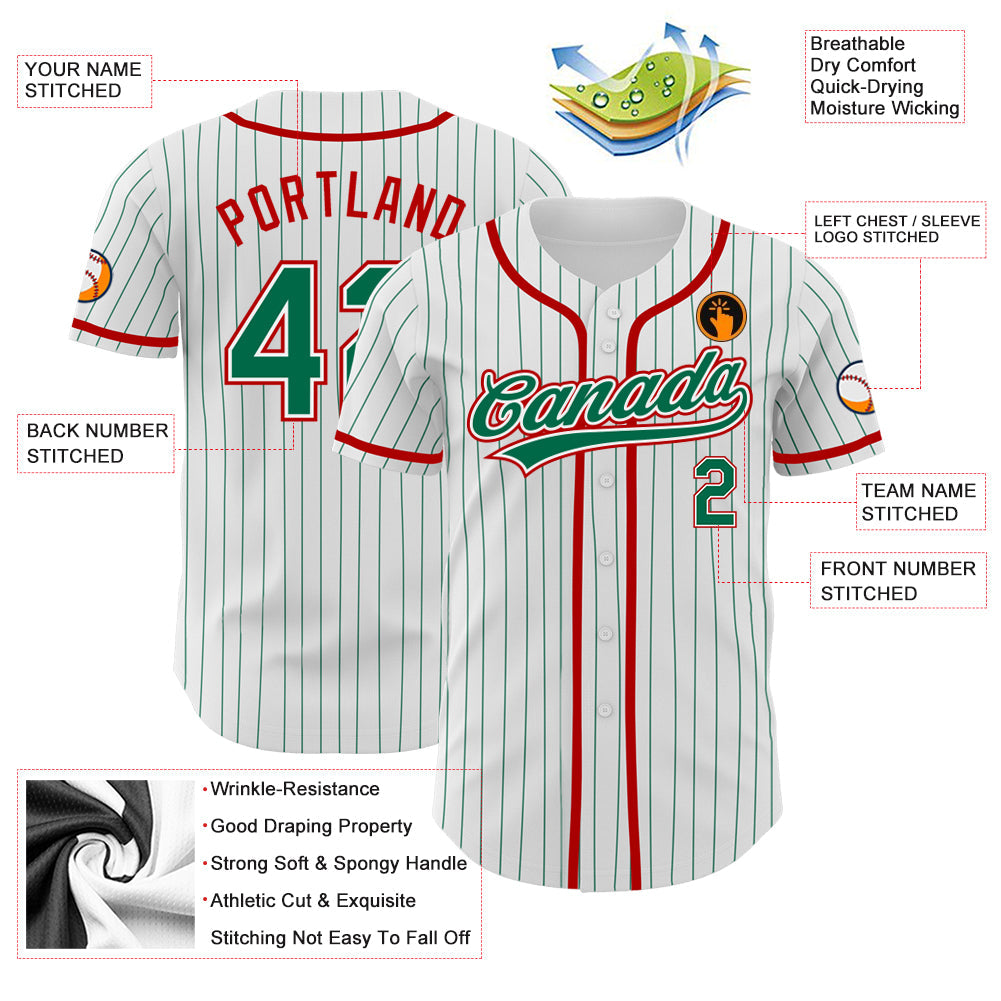 Custom White Kelly Green Pinstripe Kelly Green-Red Authentic Baseball Jersey view 3