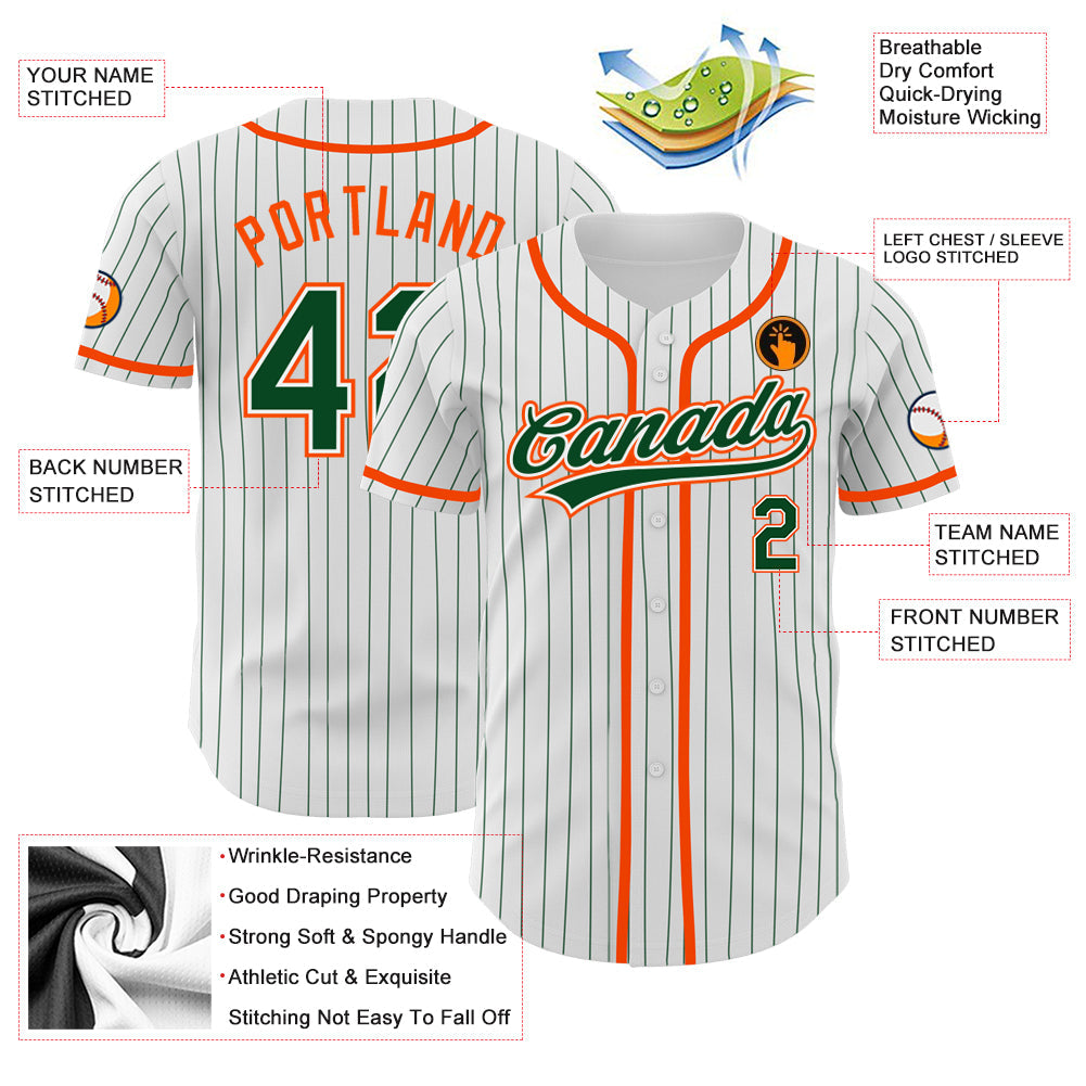 Custom White Green Pinstripe Green-Orange Authentic Baseball Jersey view 3