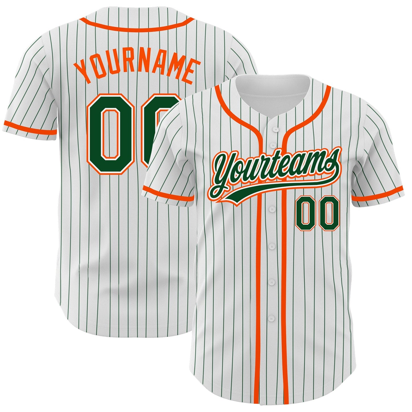 Custom White Green Pinstripe Green-Orange Authentic Baseball Jersey - Main View