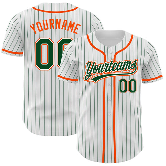 Custom White Green Pinstripe Green-Orange Authentic Baseball Jersey - Main View