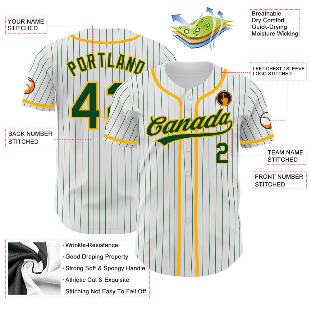 Custom White Green Pinstripe Green-Gold Authentic Baseball Jersey view 3