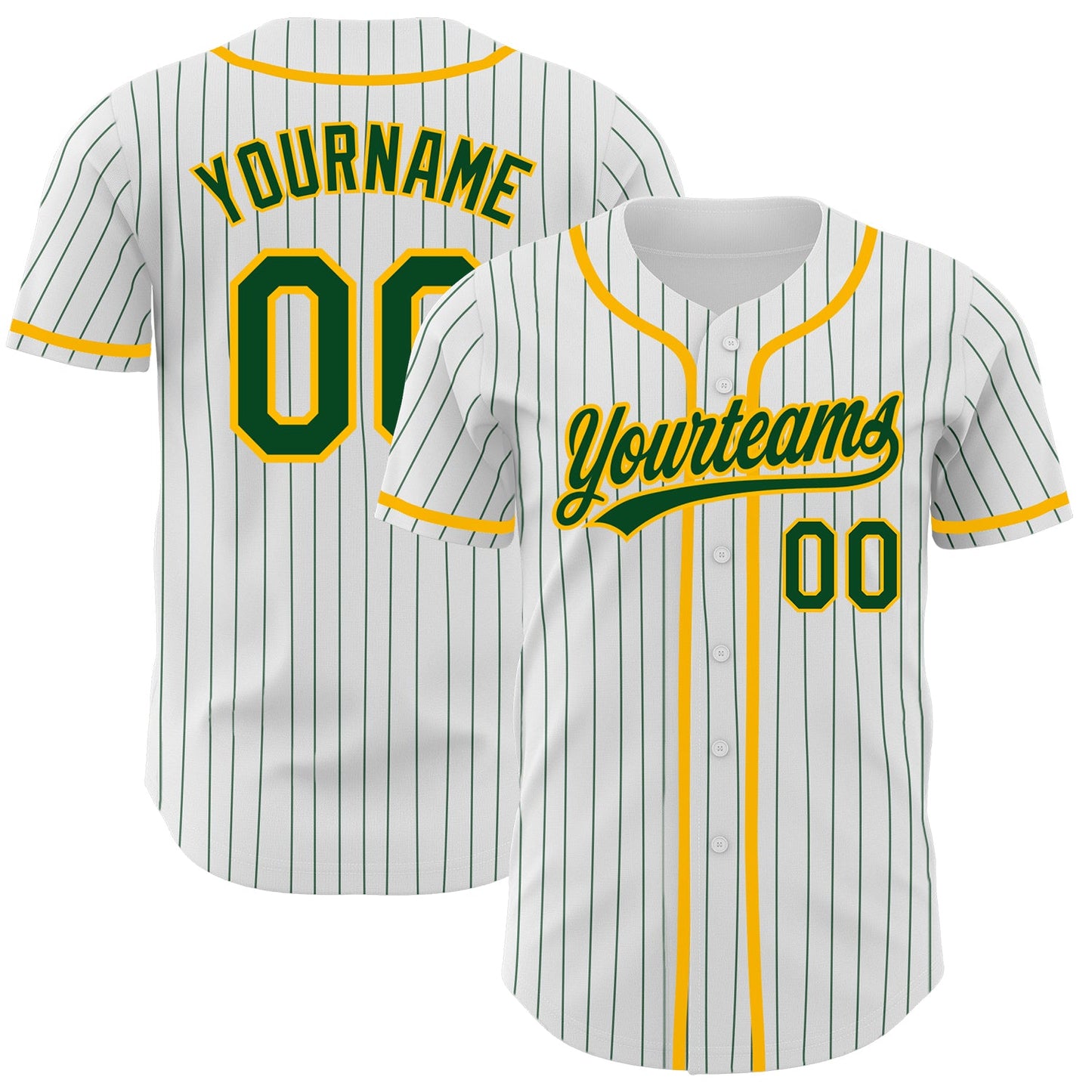 Custom White Green Pinstripe Green-Gold Authentic Baseball Jersey - Main View