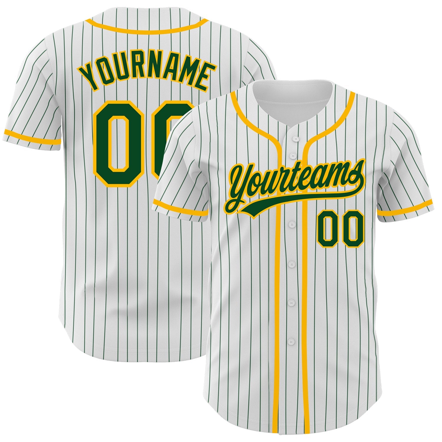 Custom White Green Pinstripe Green-Gold Authentic Baseball Jersey - Main View