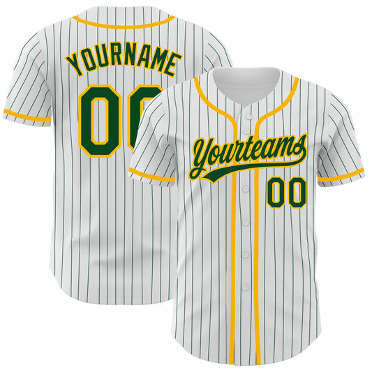 Custom White Green Pinstripe Green-Gold Authentic Baseball Jersey - Main View