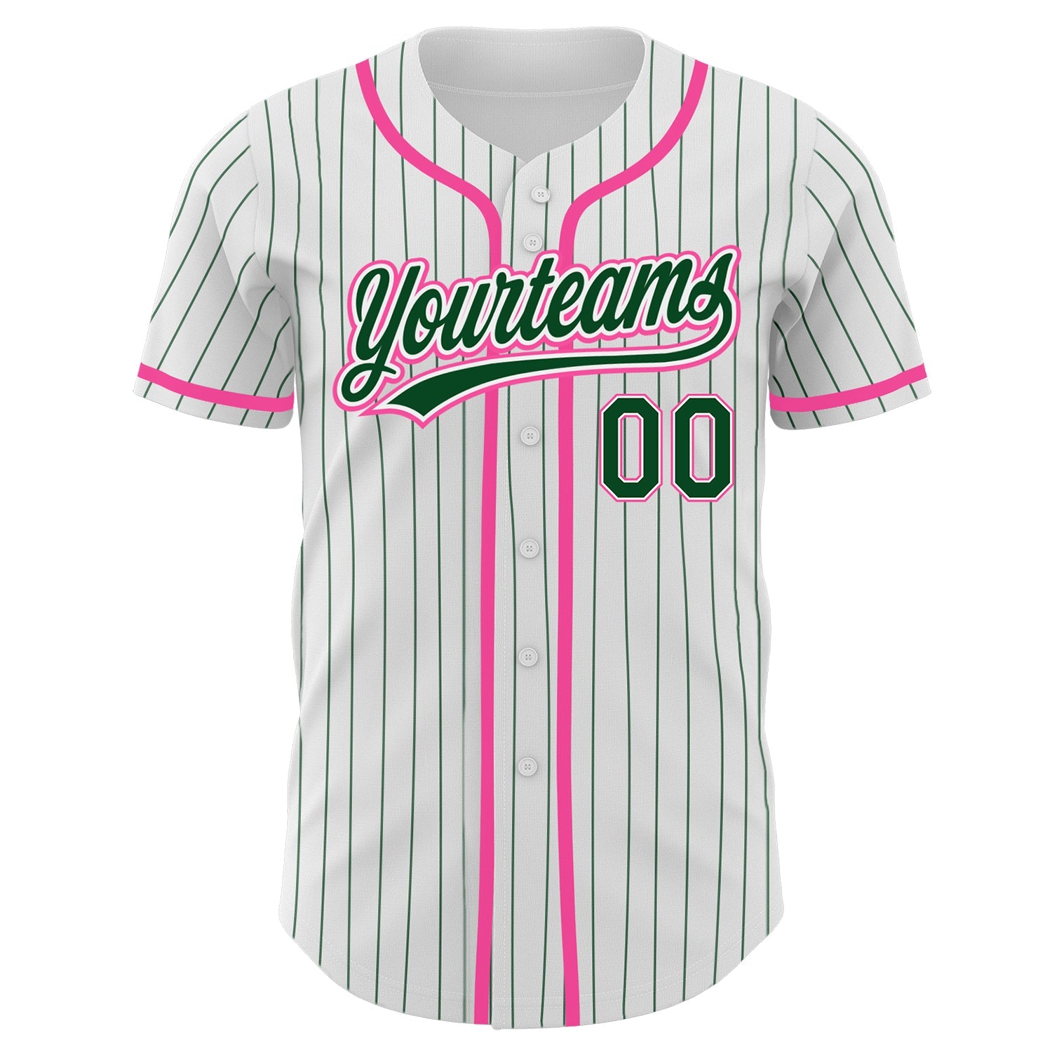 Custom White Green Pinstripe Green-Pink Authentic Baseball Jersey view 2