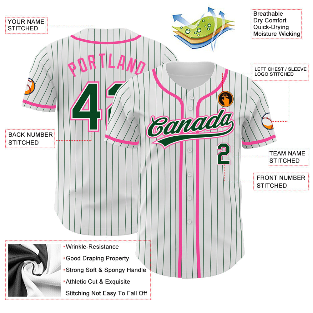 Custom White Green Pinstripe Green-Pink Authentic Baseball Jersey view 3